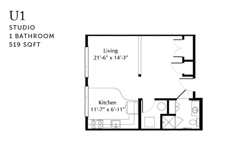 Floor plan for studio, 1 bath, 519 sqft
